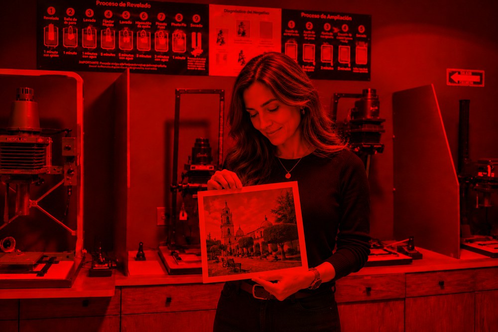 Tres personas eligiendo e imprimiendo su fotografía en el cuarto oscuro, bajo luz roja